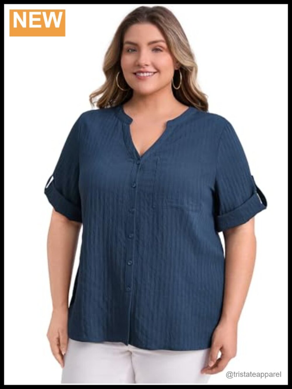 Plus Size V Neck 3/4 Sleeve Button Down Blouse with Pocket Rayon